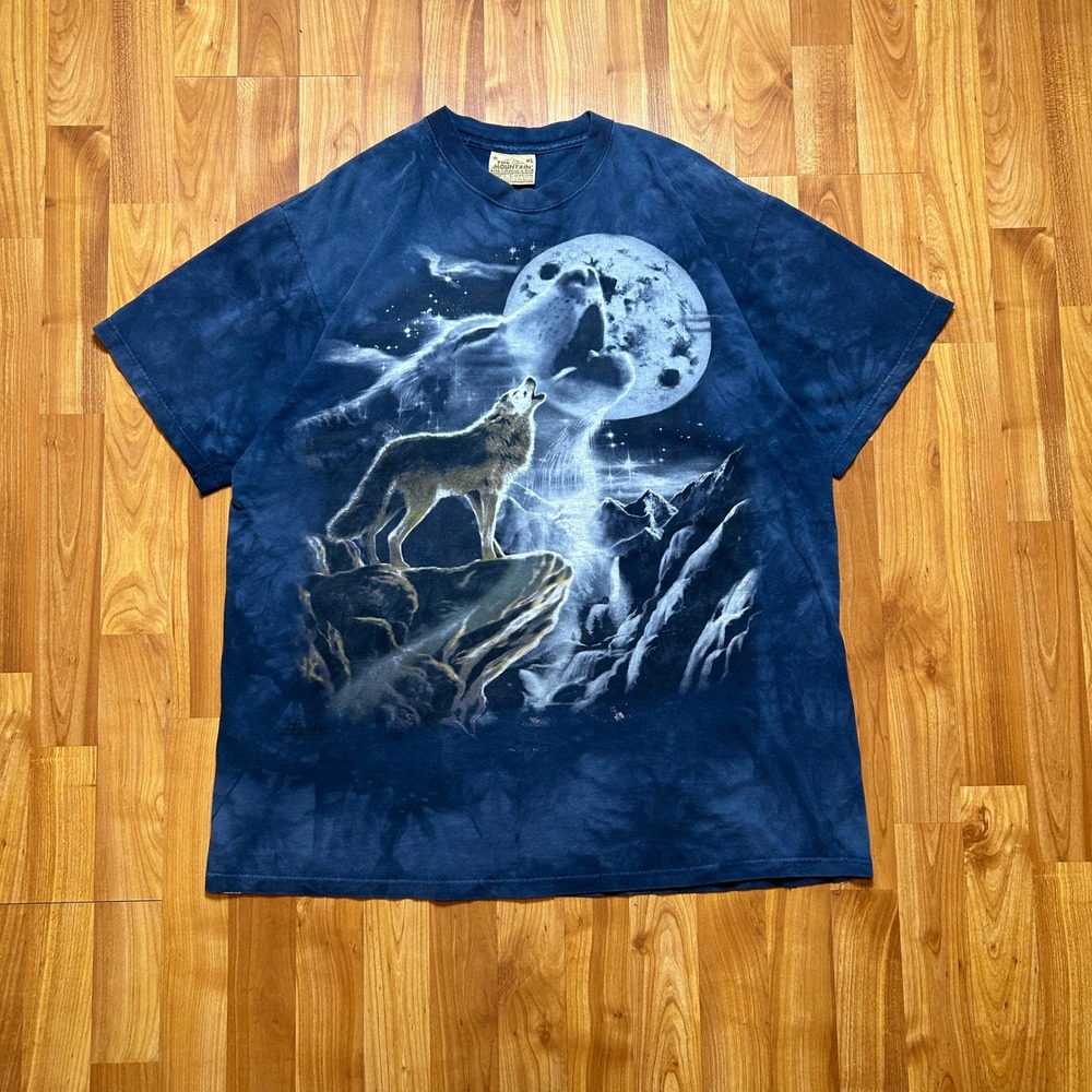 Vintage Wolf The Mountain Mens T-Shirt XL Faded Blue Tie Dye